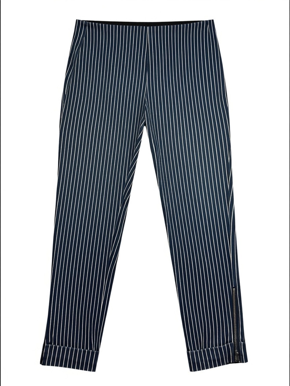 Lysse Large Navy White Pinstripe Skinny Stretch Pull on Jeans Zipper Detail Leg